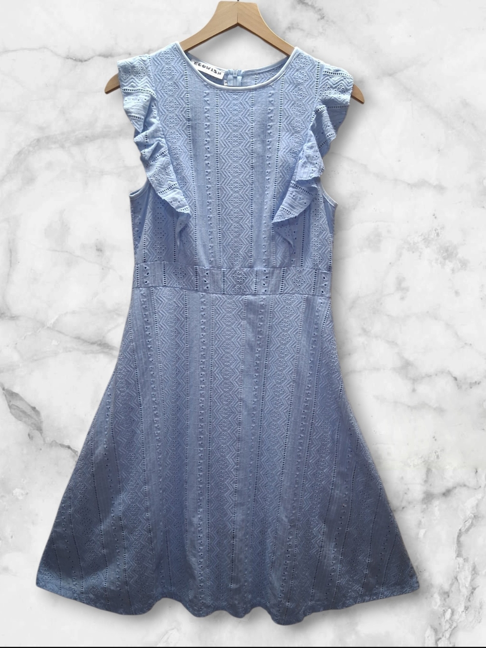​Ecowish Light Blue Eyelet Ruffle Sleeve Midi Dress – 100% Cotton, Size L